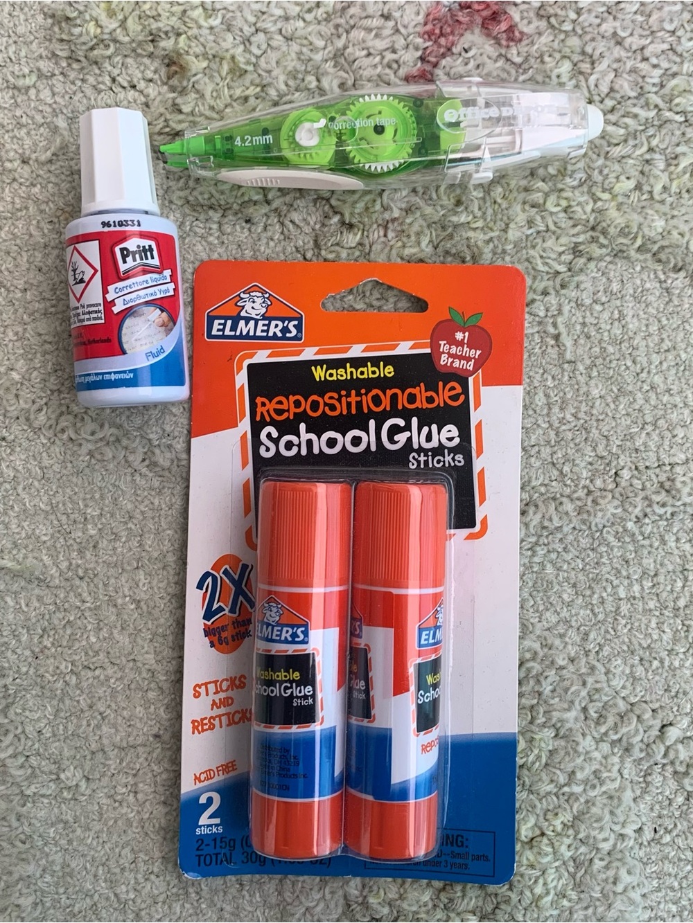 Lot of 3 school supplies includes pack of glue sticks, whiteout tape and liquids